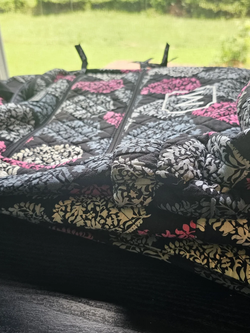 Vera Bradley Black Quilted Backpack with Pink & Gray Leaf Print OS